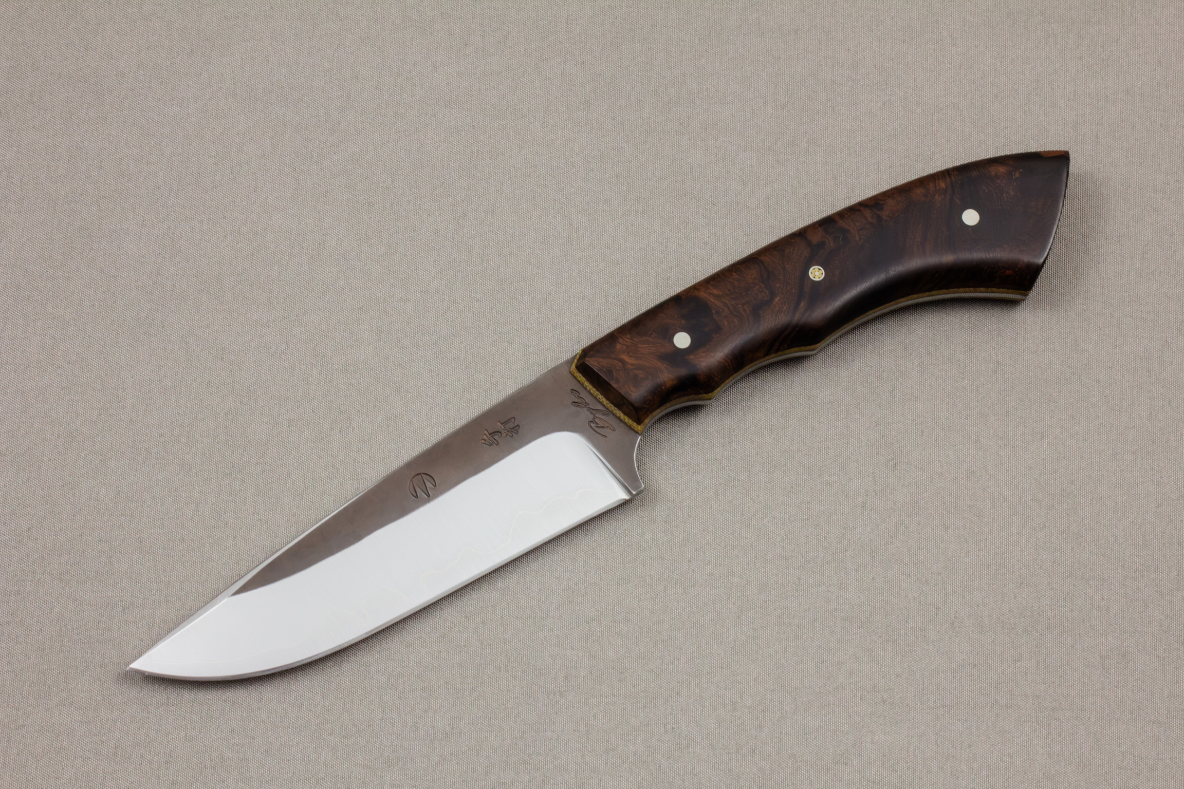Muteki Knives Kooskia hunting knife, opposite side showing maker's marks on the blade